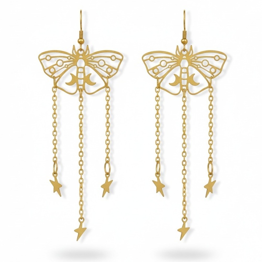 Gold Celestial Lunar Moth Star Dangle Earrings Witchy‎ Gifts